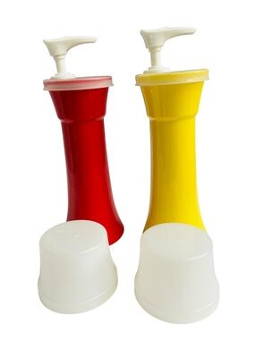 Vintage Tupperware Ketchup & Mustard Pump Bottle Set Red & Yellow 7 1/2" Tall